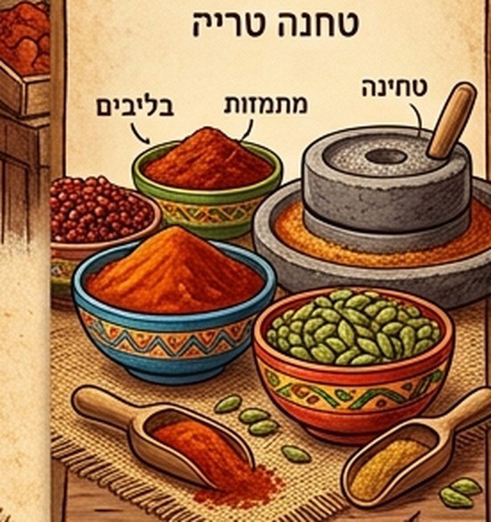 קערות תבלינים אתיופיים צבעוניות עם מכתש ועלי לטחינה טרייה
